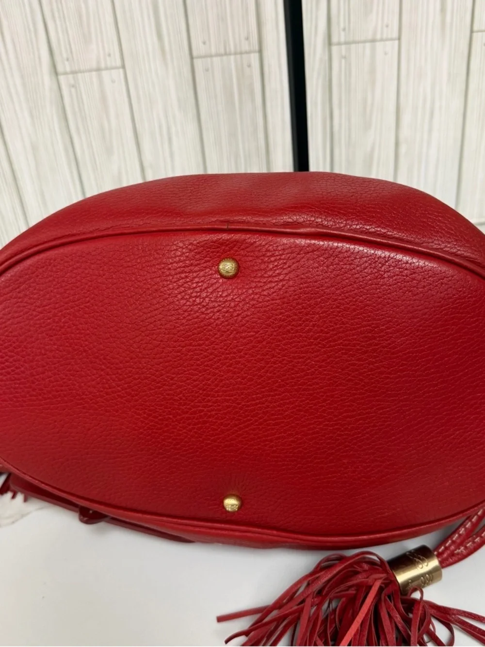 Lancel Red Pebbled Leather Shoulder Bag with Tassel Details